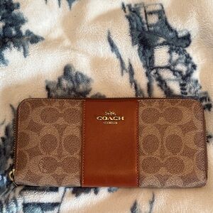 Coach Signature Brown and Tan Zip Wallet
